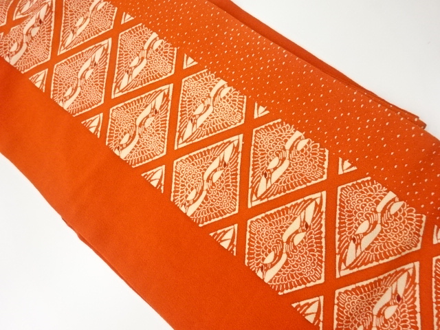 リサイクル　縮緬地型染菱に向かい鶴模様名古屋帯